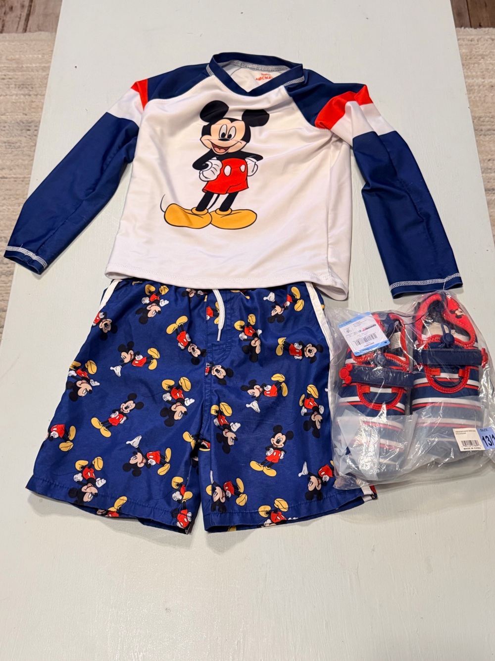 Disney Mickey Mouse Navy, White & Yellow Kids Swim Set and water shoes.
